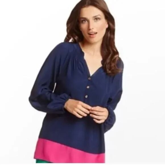 Lilly Pulitzer Women's XS Colorblock Silk Blouse Navy/Pink Long Sleeve - Picture 1 of 7